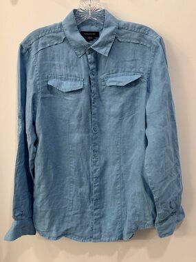 Men’s S 100% Linen Button Up Shirt Fitted Blue Summer Resort Beach lightweight